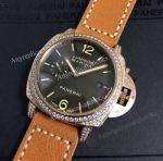 New Diamond Case Luminor Marina Panerai Black Face Brown Leather Band Watch